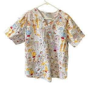 Cherokee Womens Size XL Noah Ark Animals Angel Scrub Top Shirt Short Sleeve Nurs